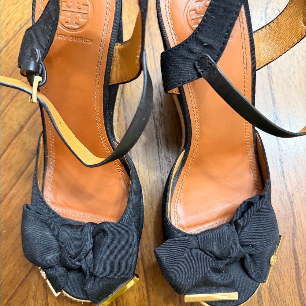 Tory Burch Black Fabric And Leather Espadrille Wedge Ankle Strap Sandals